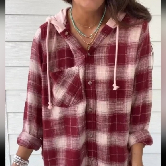 Time & Tru hooded flannel shirt button down maroon cream pink plaid pattern L - Picture 3 of 8